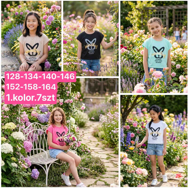 Bluzki dziewczęce Roz 128-164, 1 kolor Paczka 5 szt